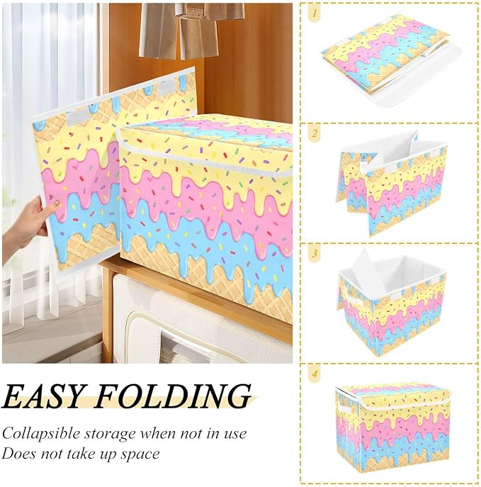 Icecream Waffle Storage Bins with Lids Closet Bedroom 40L Fabric Bin | Decorative Storage Boxes, Foldable & Stackable, Dust-Proof Flip Top, Reinforced Handles, For Home & Dorm, Clothes & Toy Box
