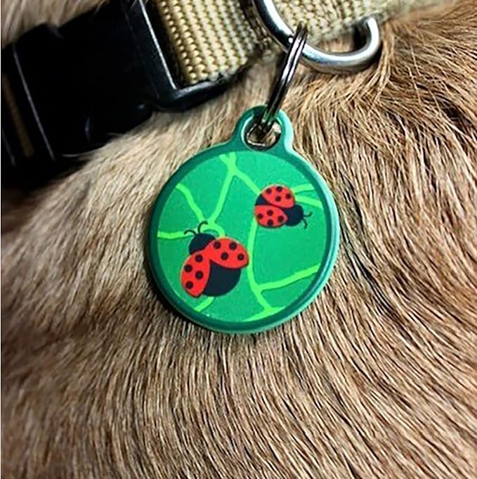 Beetlemania Lupine Pattern Personalized Pet ID Tag for Dogs and Cats, Silent Polymer Coated Ladybug Nametag with Customized Identification Information - Small .875" Diameter