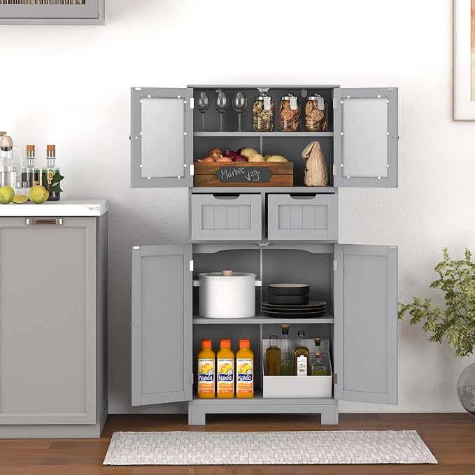 LOKO Bathroom Cabinet, Linen Storage Organizer with Doors & Drawers, Wooden Floor Cabinet with Adjustable Shelves for Bathroom, Living Room or Kitchen (Grey)
