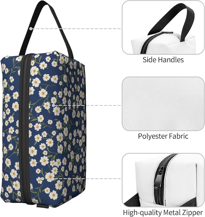 Navy Blue Daisy Makeup Bag - Durable 600D Oxford Fabric Travel Cosmetic Bag, Shockproof Foam Padded Toiletry Organizer for Gym & Daily Use 10x6.2x4.9 Inch