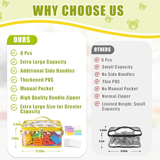 8 Pack Large Clear Toy Storage Bags with Labels, Handles, Zippers XL | Large Capacity, Transparent PVC, Waterproof Dustproof, Space-saving, Portability for Building Blocks, Puzzle, Dolls, Travel