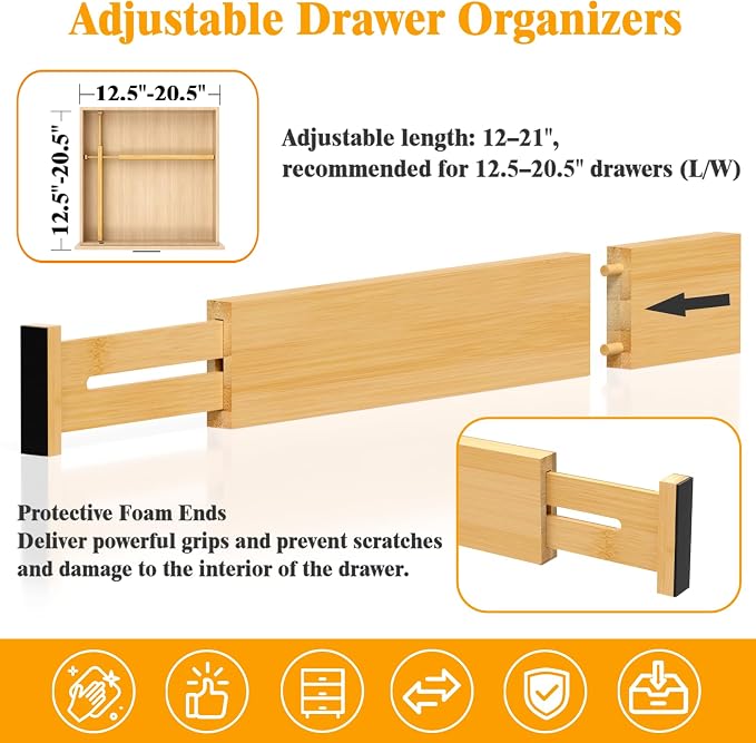 Bamboo Drawer Dividers, 12-21 Inch Kitchen Adjustable Drawer Organizers | Expandable Dresser Separators for Clothes, Ideal for Kitchen, Bathroom, Vanity, Office Organization and Storage, 5-Pack
