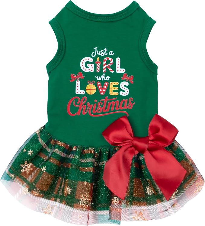 Fitwarm Just a Girl Who Loves Christmas Dog Tulle Dress, Funny Christmas Clothes for Small Dogs Girl, Holiday Pet Outfit, Red, White, Green, Yellow, Small