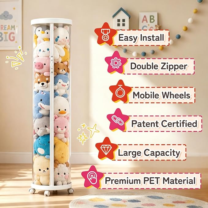 Large Stuffed Animal Storage Tube with Wheels, 59''×11''Toy Organizer with Double Zipper, WhiteClear PET Cylinder Container for Plush Toy Organization, Space Saving Kids Room Storage