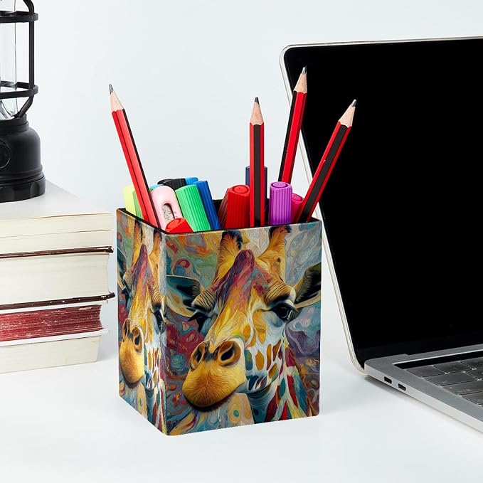 Giraffe Pen Holder for Desk Decor, Rectangular PVC Leather Pencil Cup for Desk Pen Organizer, Makeup Brush Holder for School, Home, Office