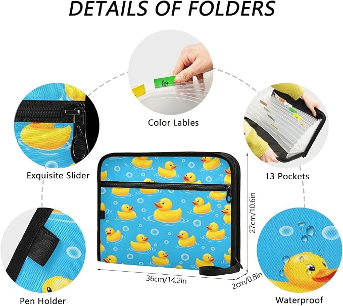 Duck Bubbles Pattern 13 Pocket File Organizer Expanding File Folder with Front Pouch Portable Business File Storage Document Organizer Folder with Zipper