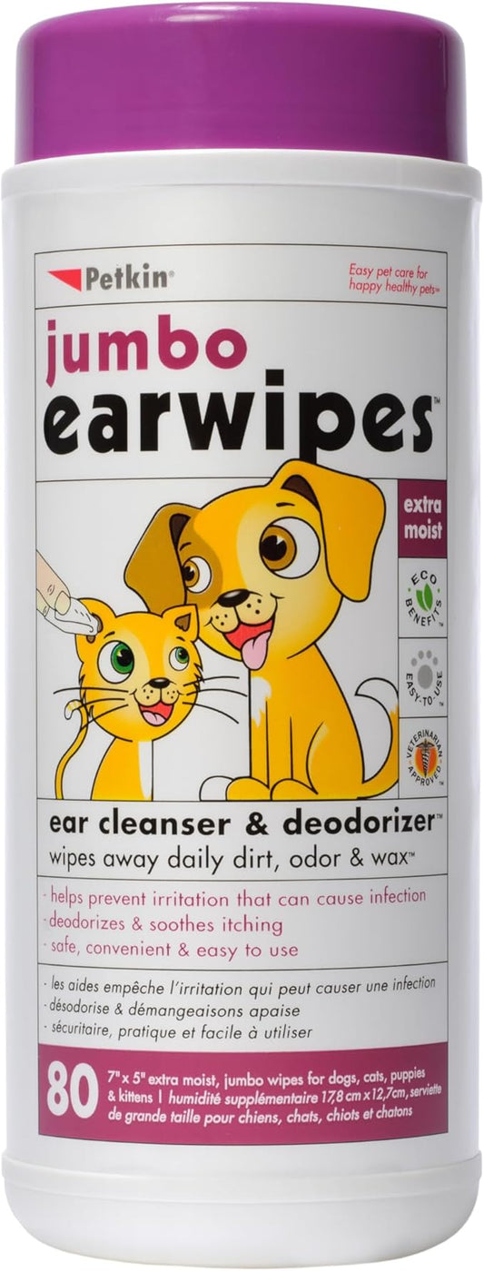 Petkin Jumbo Pet Ear Wipes, 80 Extra Moist Wipes - Soothing & Deodorizing Pet Ear Cleaner to Remove Dirt, Odor, & Wax - Safe, Convenient, & Easy to Use Pet Wipes for Dogs, Cats, Puppies & Kittens