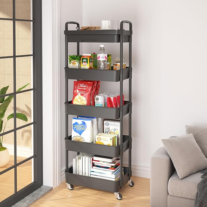 Calmootey 5-Tier Utility Cart with Drawer & Wheels, Storage for Home,Office | Space-Saving Organizer, Sturdy Plastic Shelves, Smooth-Rolling Metal Wheels, Built-in Drawer for Small Items, Black