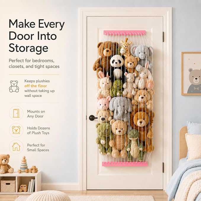 Stuffed Animal Storage Wooden Soft Toy Storage for Kids Room，Wall Mount Door Hanging Stuffed Animal Toy Organizer Shelf for Nursery Play Room Pink -Patent