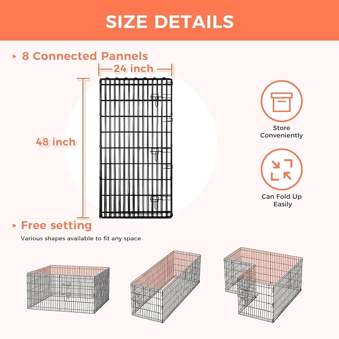 48" H Dog Playpen, 8 Panels Foldable Metal Pet Exercise Pen with Door | Pet Dog Fence for Medium-Large Dogs, Indoor/Outdoor Use Metal Playpen, Portable Fence for Yard Garden Camping, Black