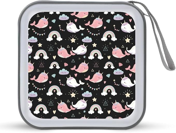 Portable 40-Capacity DVD Storage Binder Narwhals, Hard Case CD Holder with Zipper, Organizer for Music Movies Game Discs