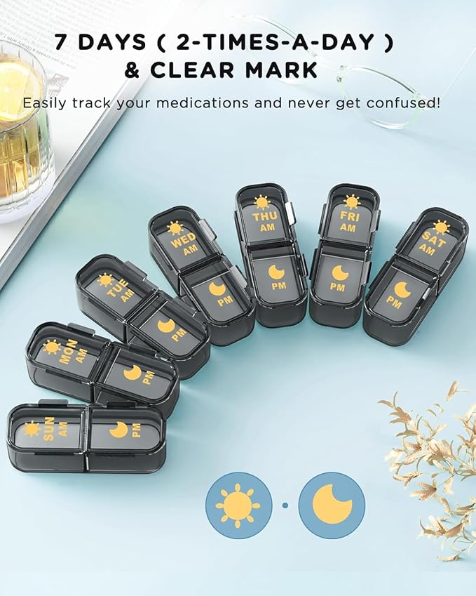 Acedada Pill Organizer 2 Times A Day, 7 Day Am Pm Pill Box, Black Grey | Weekly Pill Organizer Twice A Day, Portable Removable Daily Medicine Container Dispenser Case for Vitamin Fish Oil Supplement