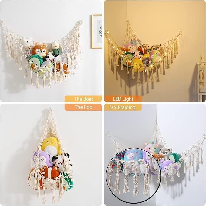 Stuffed Animal Storage Macrame Boho Plush Toy Net Hammock Room Decor | Stuffed Animals Hammock Plushie Net for Stuffed Animals Corner Hanging Holder Teddy Bear Net for Kids Girls Room Decor