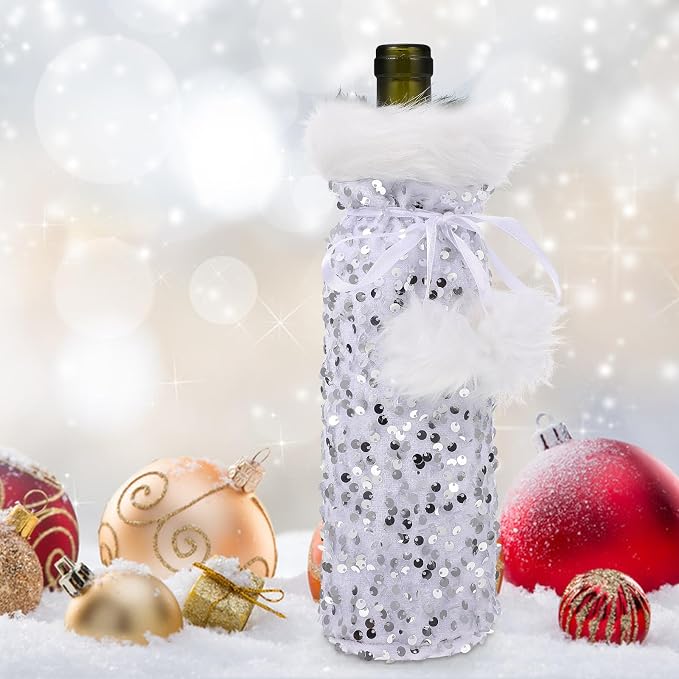 TEHAUX Wine for Bag Bottle Cover with Plush Silver and Christmas Pet Material Protective Drawstring Bottle Bag and Decoration Holiday Coffee Shop and Home Use