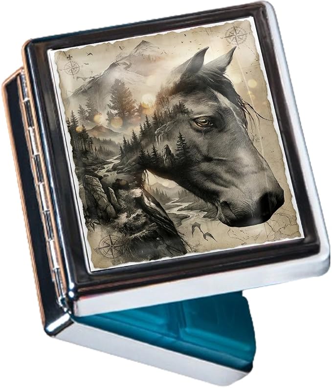 Weekly Pill Organizer, Metal Pill Box with 8 Compartments, Small Travel Pill Case for Purse Pocket, Medicine Vitamin Supplement Organizer (Spirit Horse)