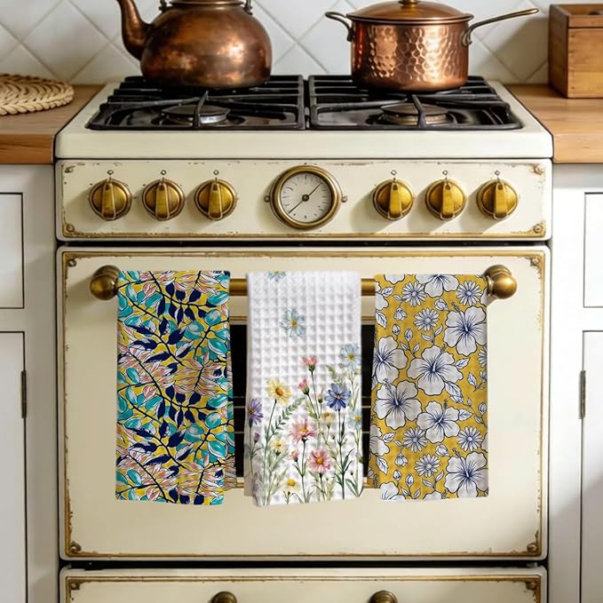 3 Pcs Retro Flower Kitchen Towels, Colorful Flower Soft Absorbent Hand Tea Towel, Microfiber Dish Cloths for Drying Dishes, Waffle Dish Towels for Kitchen Farmhouse Decor, Floral Gifts for Women Mom05