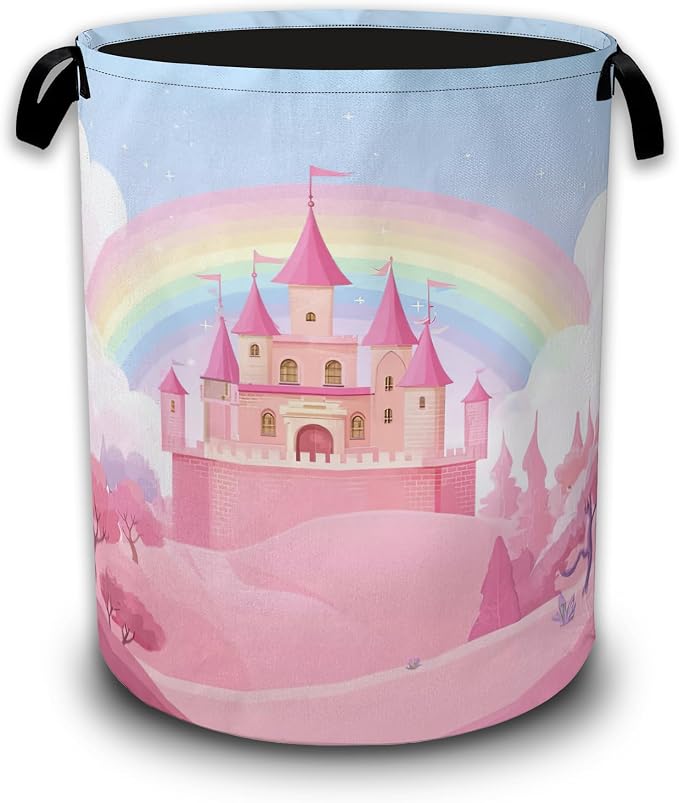 Pink Castle Laundry Basket,Waterproof Foldable Rainbow Laundry Hamper,Dirty Clothes Laundry Basket,Linen Bin Storage Organizer Collection 16" x 20.8"