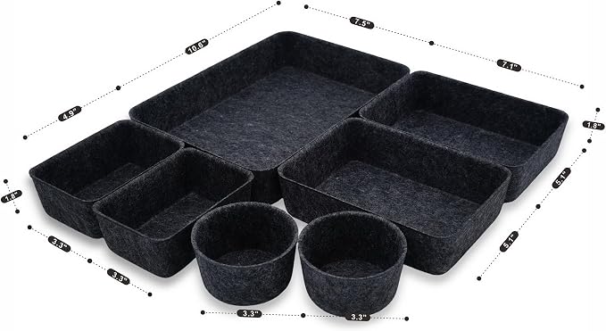 Welaxy Felt Drawer Organizer Bins 7-Piece Carbon Desk Storage Trays