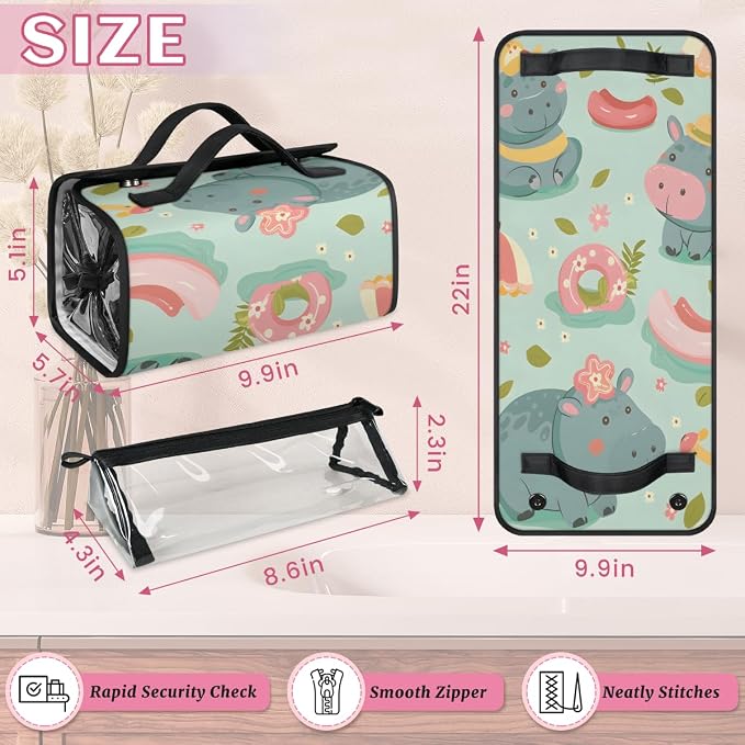 Hippopotamus Makeup Bag for Women Hanging Roll-Up Travel Organizer Toiletry Kit with 4 Removable Compartments, Tropical Theme