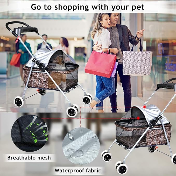 Dog Stroller Pet Stroller Cat Strollers Jogger for Small-Medium Dogs, Cats Folding Travel Carrier Durable 4 Wheels Doggie Cage with Cup Holder Waterproof Puppy Strolling Cart Leopard Skin