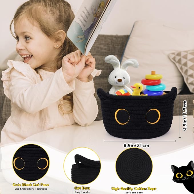 Small Storage Basket, Black Cat Cotton Rope Cute Basket Toy Bin | Woven Blasket for Nursery, Blanket Basket Baby Toy Storage Organizer With Ears for Gifts Cat Dog Bin Toys 8.5×4.5 inches