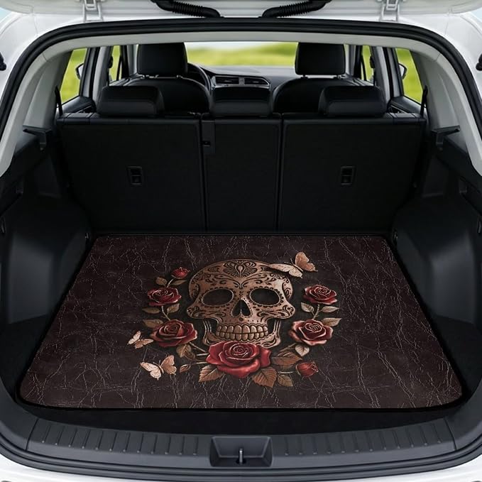 Howilath Vintage Brown Skull Rose Car Trunk Mat 29"x39" All Weather Cargo Liner Durable Rear Trunk Protection Stylish Vehicle Interior Accessories for Car SUV Truck