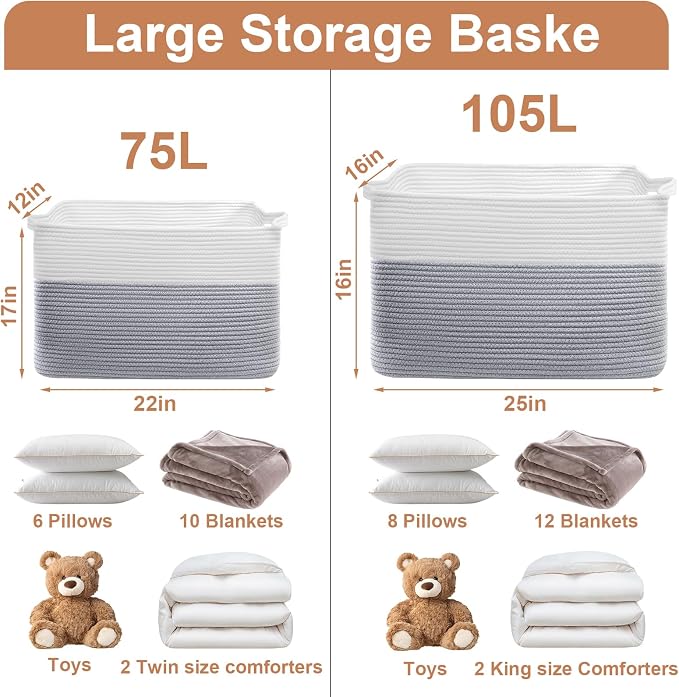75L Large Blanket Storage Basket with Handles - White & Gray | Extra-large blanket baskets. Soft cotton, foldable, washable.Holds blankets, pillows for living room, bedroom, dorm.