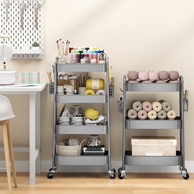 TOOLF 4 Tier Rolling Cart, Metal Utility Storage Cart with Pegboard, Grey | 2 Bins & 4 Hooks, Screwless Assembly, Lockable Wheels, Trolley Organizer for Bathroom, Kitchen, Office, Dorm, Craft Room