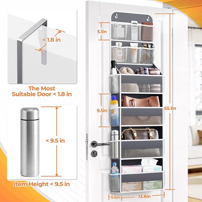 SpaceHacks 6-Tier Over the Door Organizer with Mesh Pockets, Baby Nursery Storage for Closet, Bathroom and Bedroom, Adjustable Hanging Closet Organizer for Cosmetics, Books and Essentials (Dark Grey)
