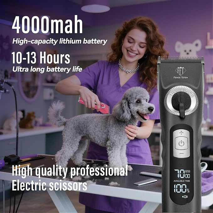 Professional Electric Dog Grooming Clippers, 4000mAh Battery, LCD Display, Type-C Charging, Silver (Gray)