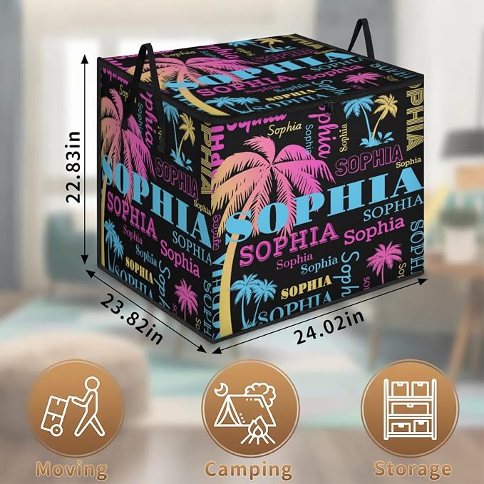 Custom Comforters Storage Basket with Lid, Personalized Name Large Organizer Bin for Children Toys, Books, Clothes, Perfect for Rooms/Playroom, Pink Blue Yellow Tropical Trees Names Black Background