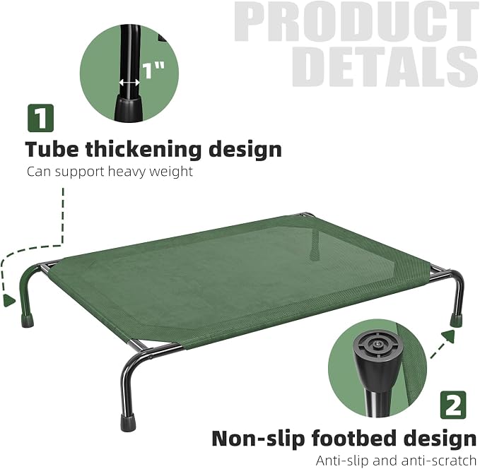 Simple Trending Outdoor Elevated Dog Bed, Cooling Raised Dog Cots, Green | Pet Bed for Large Dogs, Waterproof Cover, Breathable mesh, Non-Slip Feet, Suitable for Indoor or Outdoor Use, 47.75" x 30.5"