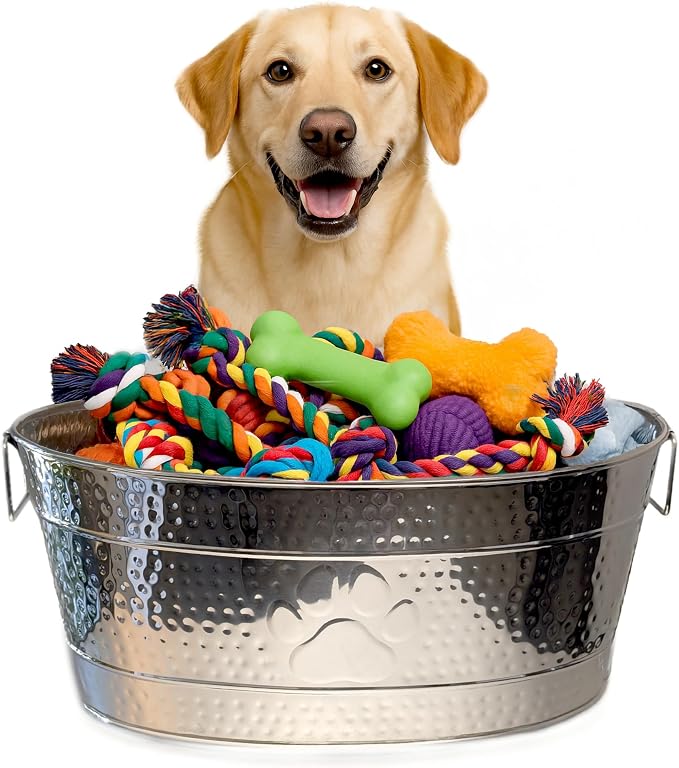 BREKX Stainless Steel Indestructible Dog Toy Bin - Pet Storage Bin with Handles, Large Organizer Storage Basket for Pet Toys, Blankets, Leashes - Pawprint Design Home Decor (Silver - 25 Quart)