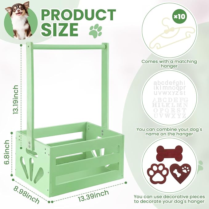 Teenyyou 20" x 13" x 9" Wooden Dog Closet Pet Wardrobe Crate Box with Hanging Rods and Personalized Alphabet Letters Easy Assembly Baskets for Dog Cat Toys Clothes Accessories(Green)