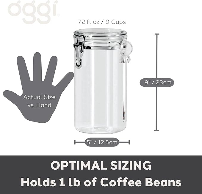 Oggi Clear Canister Airtight 72oz - Clamp Lid & Spoon - Airtight Food Storage Container, for Kitchen & Pantry Storage of Bulk, Dry Foods, Pasta, Flour, Sugar, Coffee, Rice, Tea, Spices & Herbs