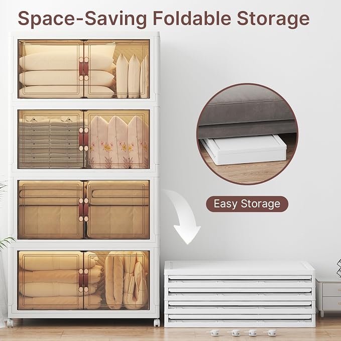 Stackable Storage Bins with Lids, 1440QT Lockable Storage Cabinet | Folding Storage Box with Doors and Wheels, Collapsible Plastic Drawers for Home, Garage, Office