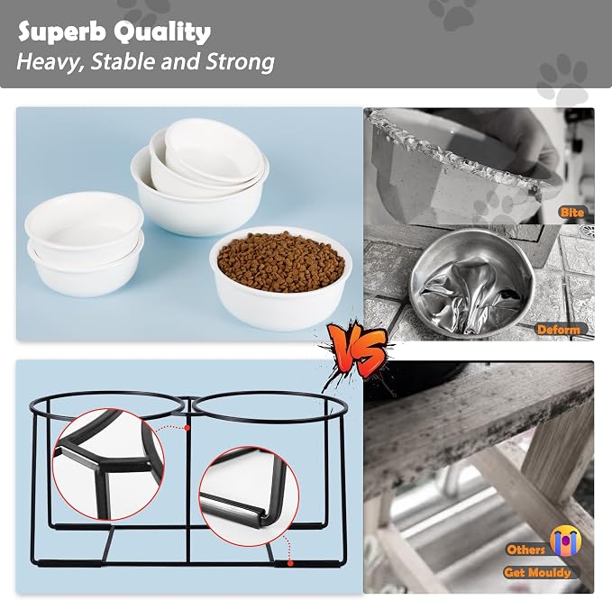 Ceramic Elevated Dog Bowl Set - Raised Double Feeding Bowls with Metal Stand - Pet Dishes for Medium and Large Dogs - 5.8 Cups - 47.3 fl oz - Matte White