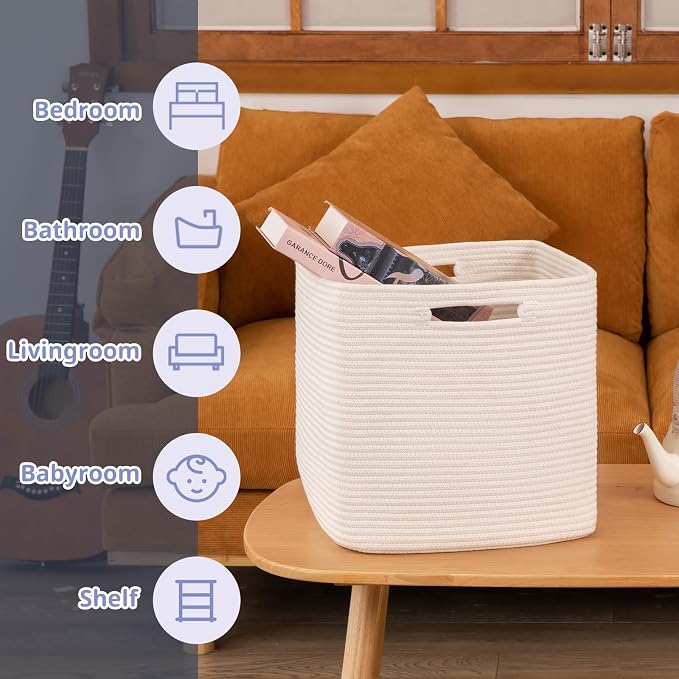 OIAHOMY 2 PACK Cube Storage Bin 13 Inch Collapsible Storage Cube White | Cube Storage Organizer Storage Bins for Shelves Baskets for Organizing Woven Rope Storage Baskets