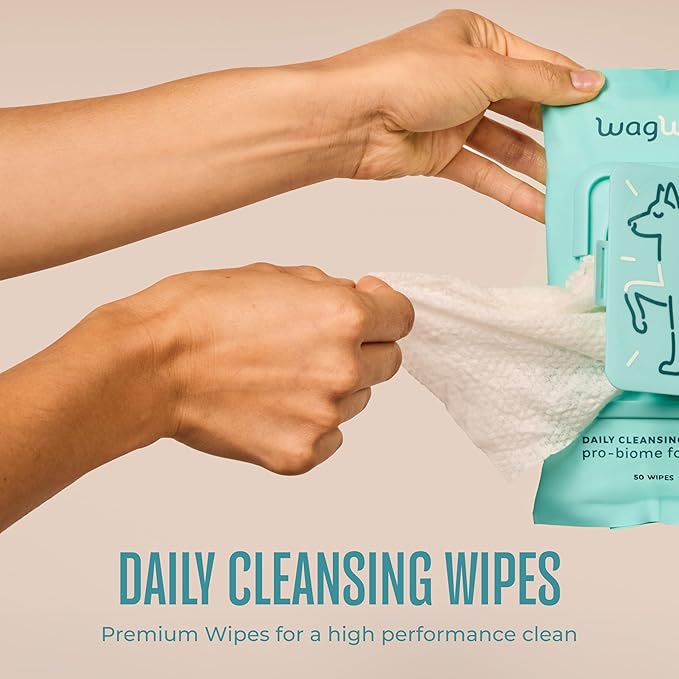WagWell Daily Cleansing Dog Wipes, 50 Count | Vet-Approved, Helps Reduce Odor, Fragrance-Free, Microbiome-Friendly Dog Grooming Wipes | Gentle Head-to-Tail Cleaning for Paws, Coat & Skin (Avoid Eyes)