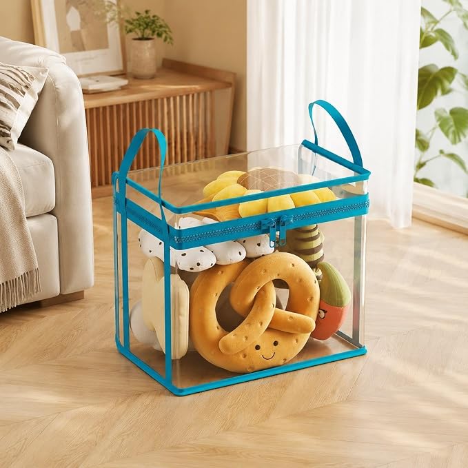 Fenteer Toy Storage Box Plush Toy Holder Stuffed Animal Organizer Clear PVC Display Bin with Secure Zipper Handle Dust Protection Easy Handling Suitable for L, L 38cmx24cmx32cm