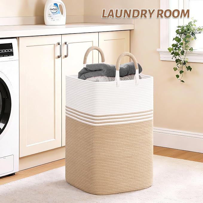 Laundry Basket Hamper,Blanket Storage,Dirty Clothes Hamper with Swivel Handles,Woven Cotton Rope Toy Baskets,Blanket Basket Living Room,Decorative Hampers for Nursery,Bedroom,White & Brown,60L