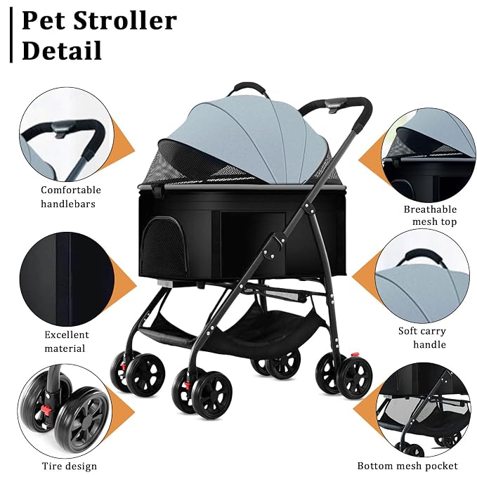 3 in 1 Pet Stroller for Dogs Cats Foldable Jogger with Detachable Carrier