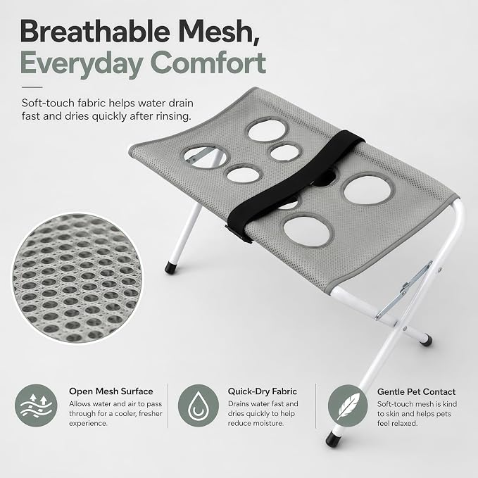 2027 New Portable Foldable Pet Shower Holder, Dog Shower Chair (Blue) | Pet Shower Grooming Hammock with Sling, Breathable Mesh Fabric, Foldable Portable for Grooming, Nail Trimming & Bathing