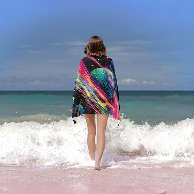 Cosmic Planets Beach Towel 31inx51in, Galaxy Sand-Free Microfiber Bath Towel Ultra Soft Quick Dry Pool Towel Absorbent Towel Lightweight Towel for Swimming Bathroom Decor
