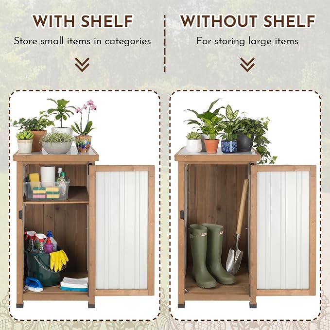 Ketive Outdoor Storage Cabinet with Metal Worktop, Small Garden Storage Cabinet with Adjustable Shelf, Weather-Resistant Fir Wood Tool Organizer for Patio, Backyard, Porch or Balcony