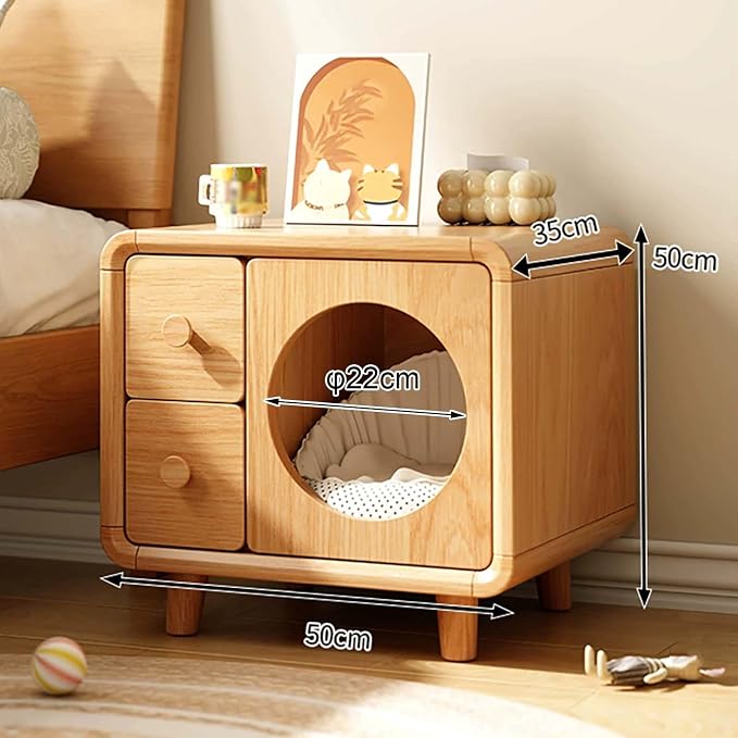 Wooden Nightstand with Cat House, Small Bedside Table with Double Drawers | Home Side Table, Multi-Functional Cat Furniture for Bedroom, Living Room, Corner