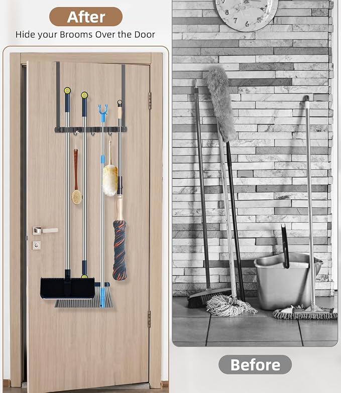 Broom Holder Over The Door with Hooks -304 Stainless Steel (Space grey) | Save Space, Anti-Rust & Sturdy, Mop and Broom Holder Wall Mounted or Hanging Over The Door, for Garage Laundry Kitchen