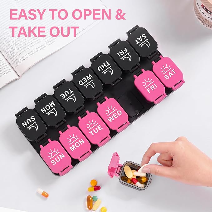 Yaklim Extra Large Weekly Pill Organizer, Detachable 7 Day AM PM Pill Box | XXL 14 Detachable AM PM Compartments；For Big Vitamins & Supplements； Easy to Open & Fill； Waterproof Seals； Easy Readability