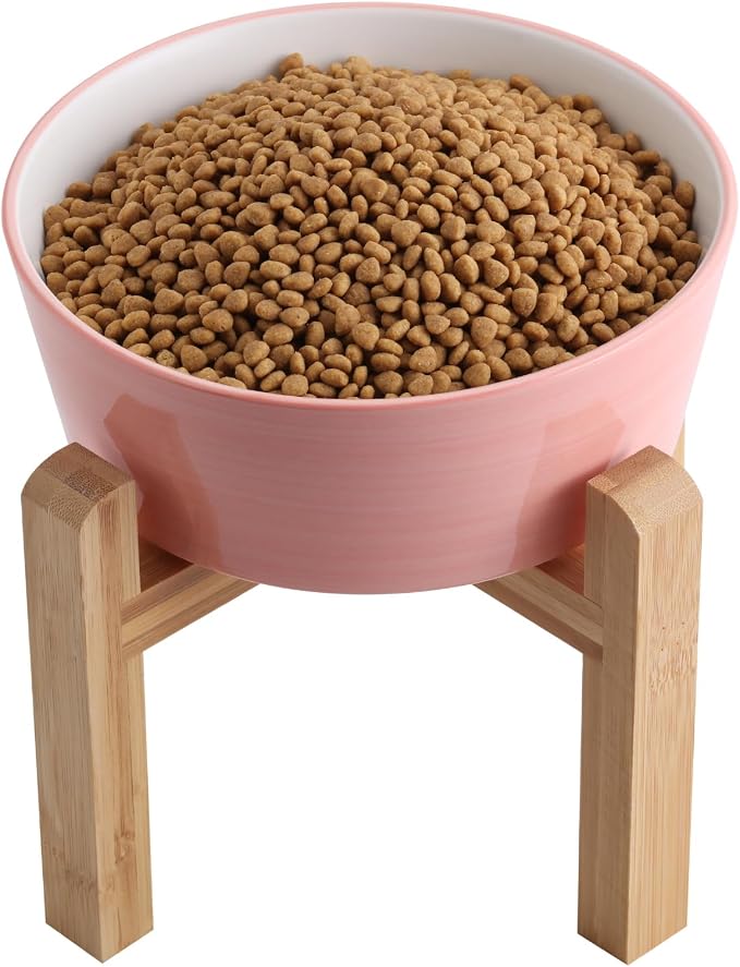 Pink Elevated/Raised Dog Bowl Ceramic with Wood Stand for Medium Large Breed,Dog Food Water Dish Heavy Weighted,8 in Non Slip Modern Cute Porcelain Pet Bowl Extra Large Wide