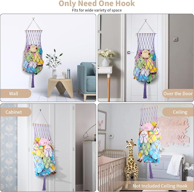 68 Inch Stuffed Animal Storage Net Corner Stuffy Hammock,Purple | Boho Macrame Large Toy Hammock for Stuffed Animals Organizer,Wall Ceiling Over Door Stuffy Storage Holder,Nursery Room Decor